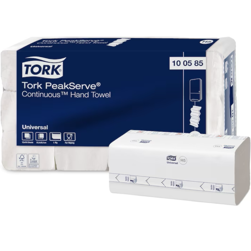 Tork 100585 White H5 System Universal Peakserve Continuous Hand Towel 410 Sheet 1-ply 22.5cm x 20.1cm (Carton 12 Packs)