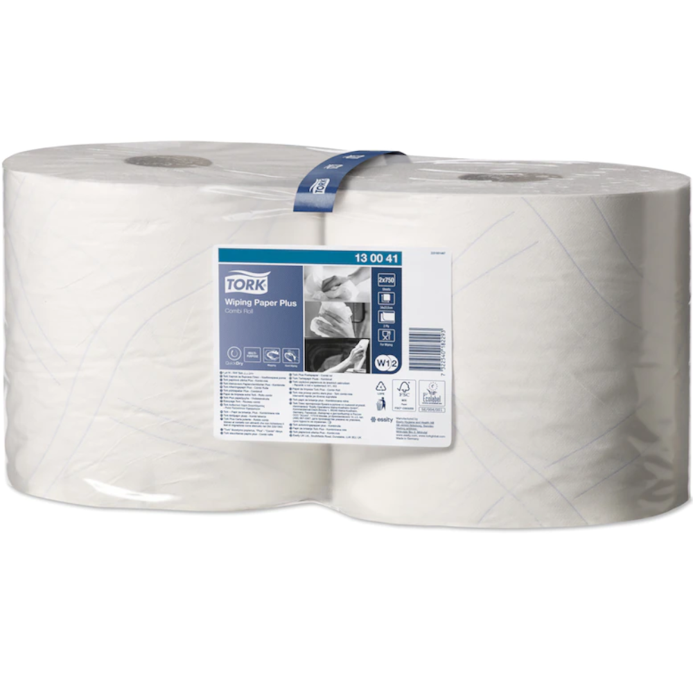 Tork 130041 White W1/W2 System Wiping Paper Plus Combi- Roll 2-ply 34cm x 23.5cm 255m (Roll 750 Sheets) (Pack 2 Rolls)