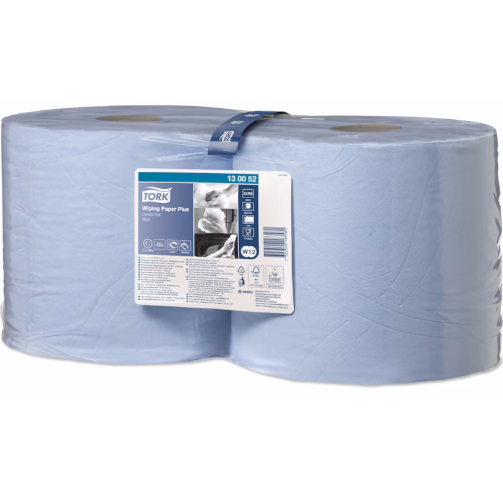 Tork 130052 Blue W1/W2 System Wiping Paper Plus Combi- Roll 750 Sheets 2-ply 34cm x 23.5cm 255m (Pack 2 Rolls)