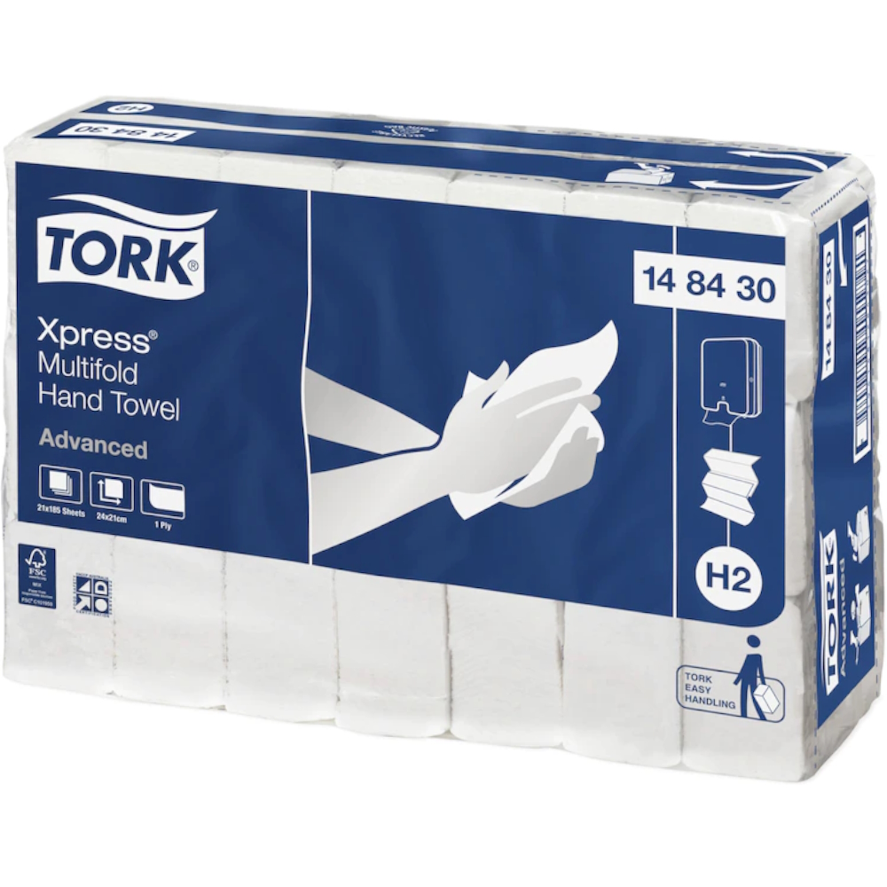 Tork 148430 H2 System Xpress Advanced Slimline Multifold Hand Towel 1-ply 24cm x 21cm (Pack 185 Sheets) (Carton 21 Packs)