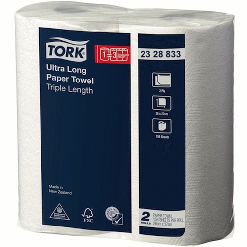 Tork 2328833 White Premium Ultra Long Paper Towel (Triple Length) 2-ply 24cm x 40.6cm (Roll 156 Sheets) (Carton 8 Packs)
