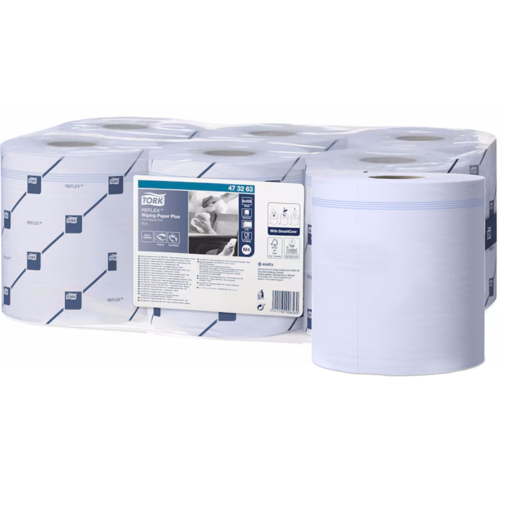 Tork 473263 Blue M4 System Advanced Reflex Wiping Paper Plus Centre-feed Roll 2-ply 19.4cm x 150m (Roll 429 Sheets) (Carton 6 Rolls)