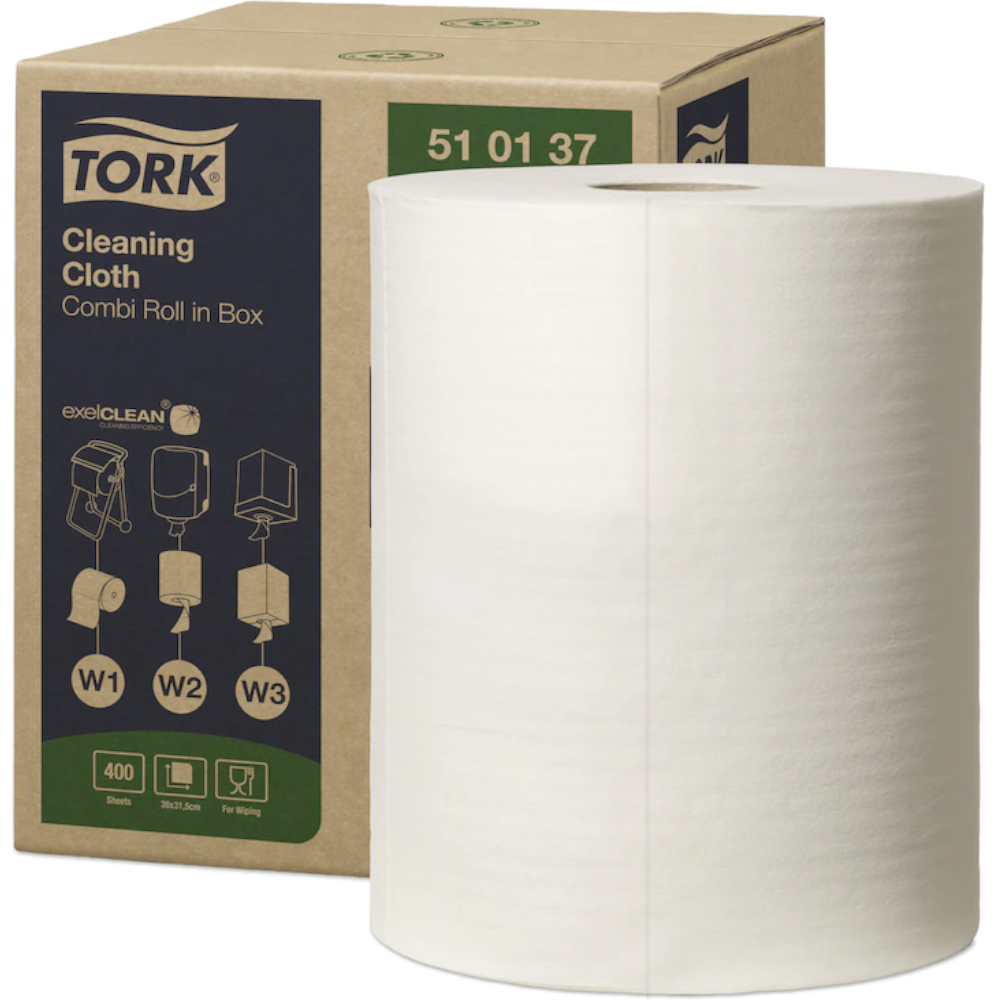 Tork 510137 White W1/W2/W3 System Multi-purpose Cleaning Cloth Combi- Roll 1-ply 38cm x 31.5cm 152m (Roll 400 Sheets) (Carton 1 Roll)