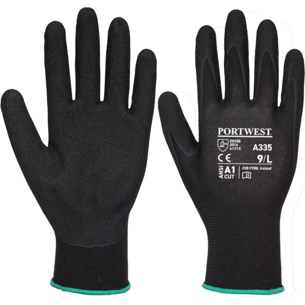 Portwest Black/Black A335 Dermi-Grip Sandy Nitrile Dip Glove (Pack 12 Pairs)