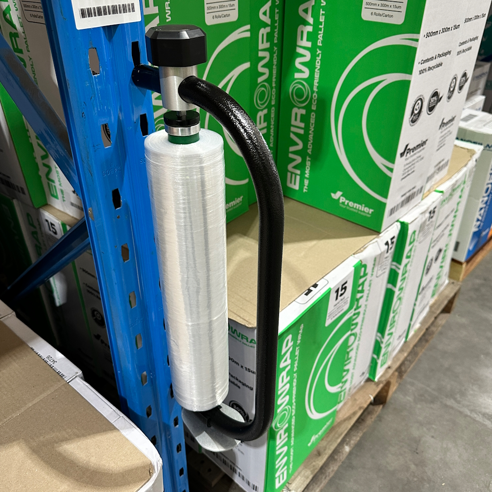 BOLT Hand Held Pallet Wrap Dispenser with Quick Release and Magnetic Hangers