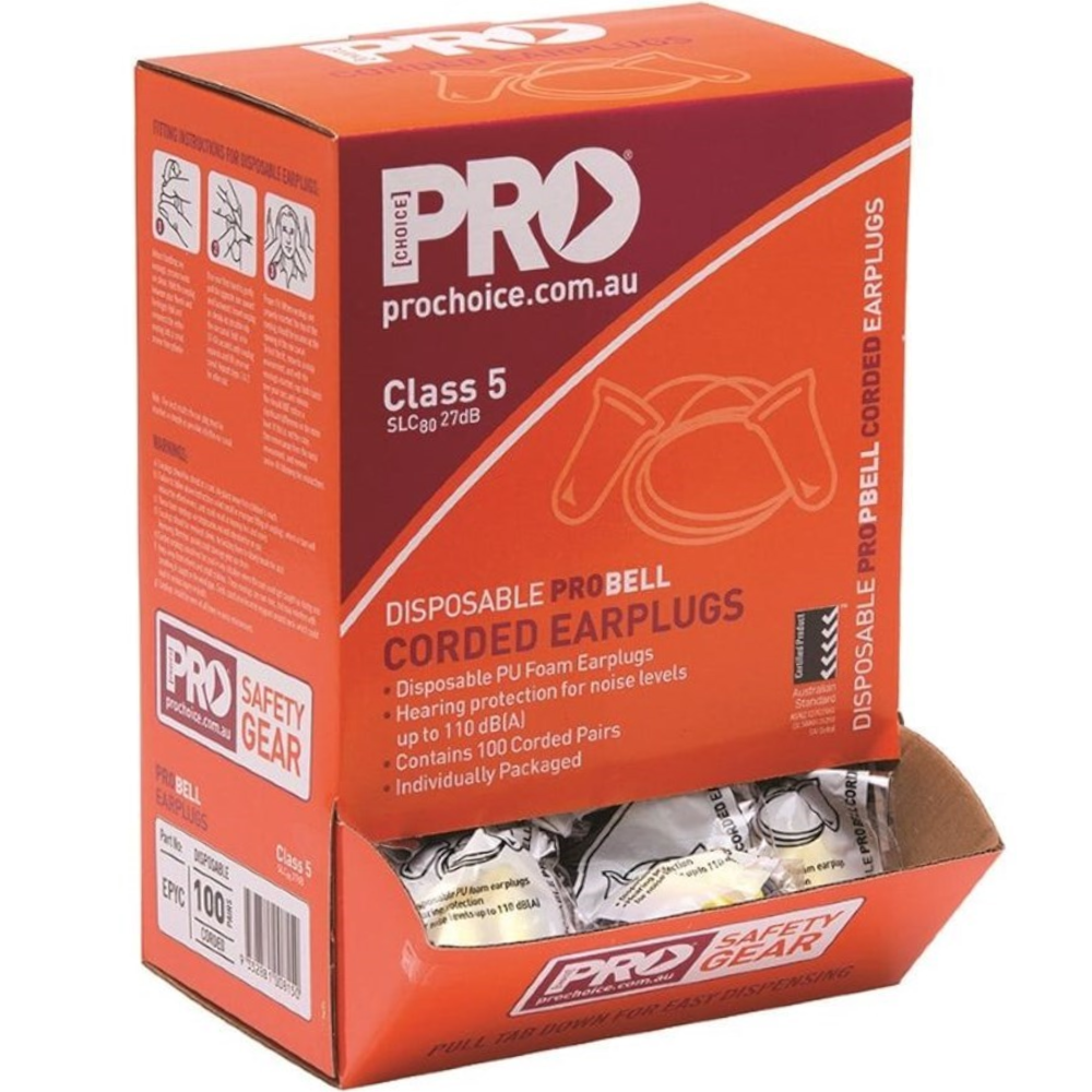 Pro Choice ProBell Class 5 27dB Disposable Corded Earplugs (Pack 100 Pairs)