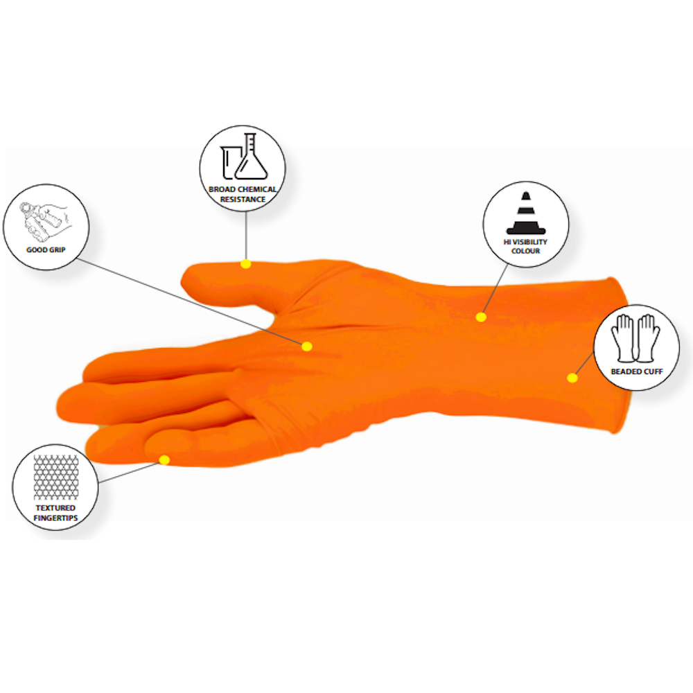 Pro-Val Premium Hi Vis Orange Disposable Nitrile Gloves (Pack 100 Gloves) (Carton 10 Packs)