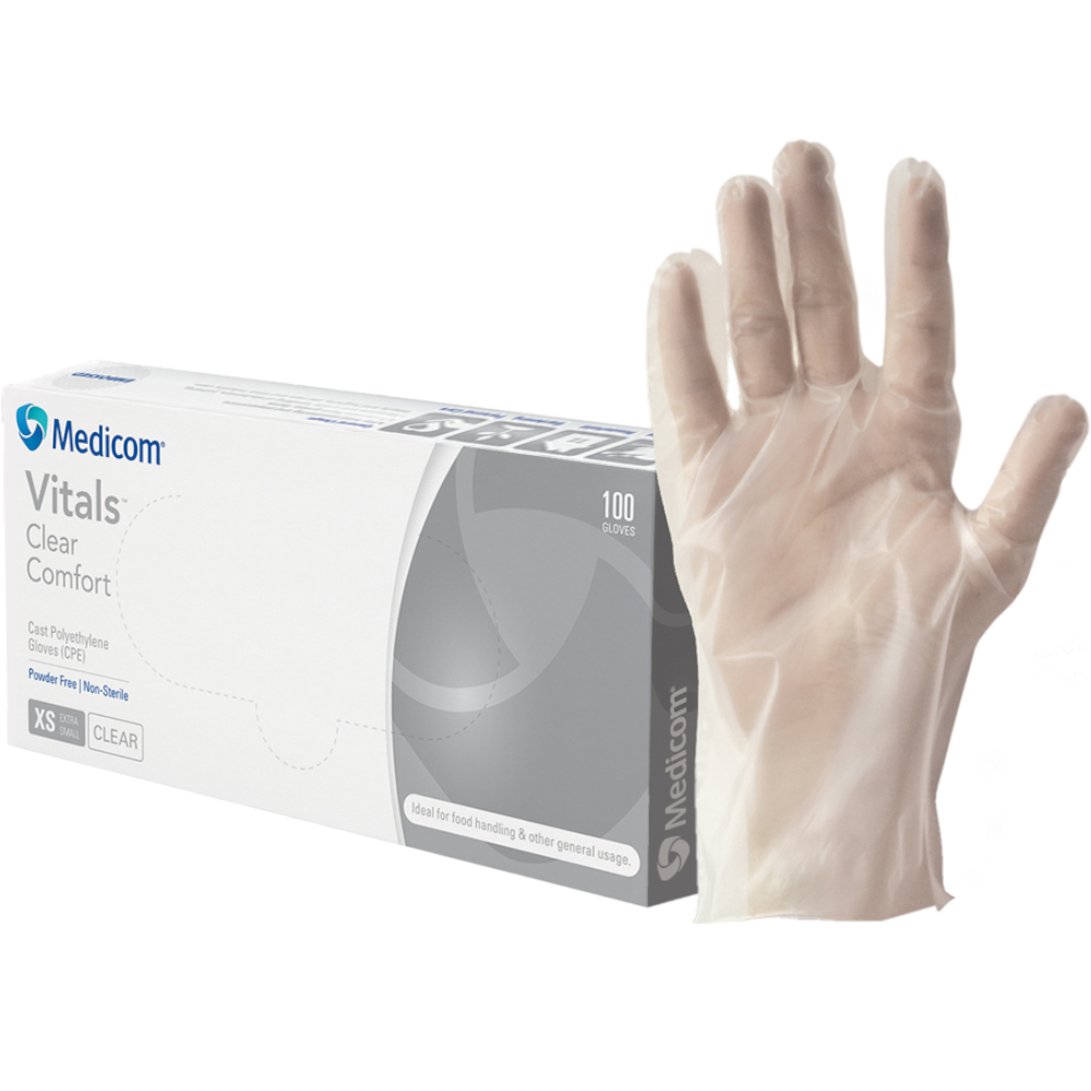 Medicom Clear Disposable CPE Gloves (Pack 100 Gloves) (Carton 10 Packs ...