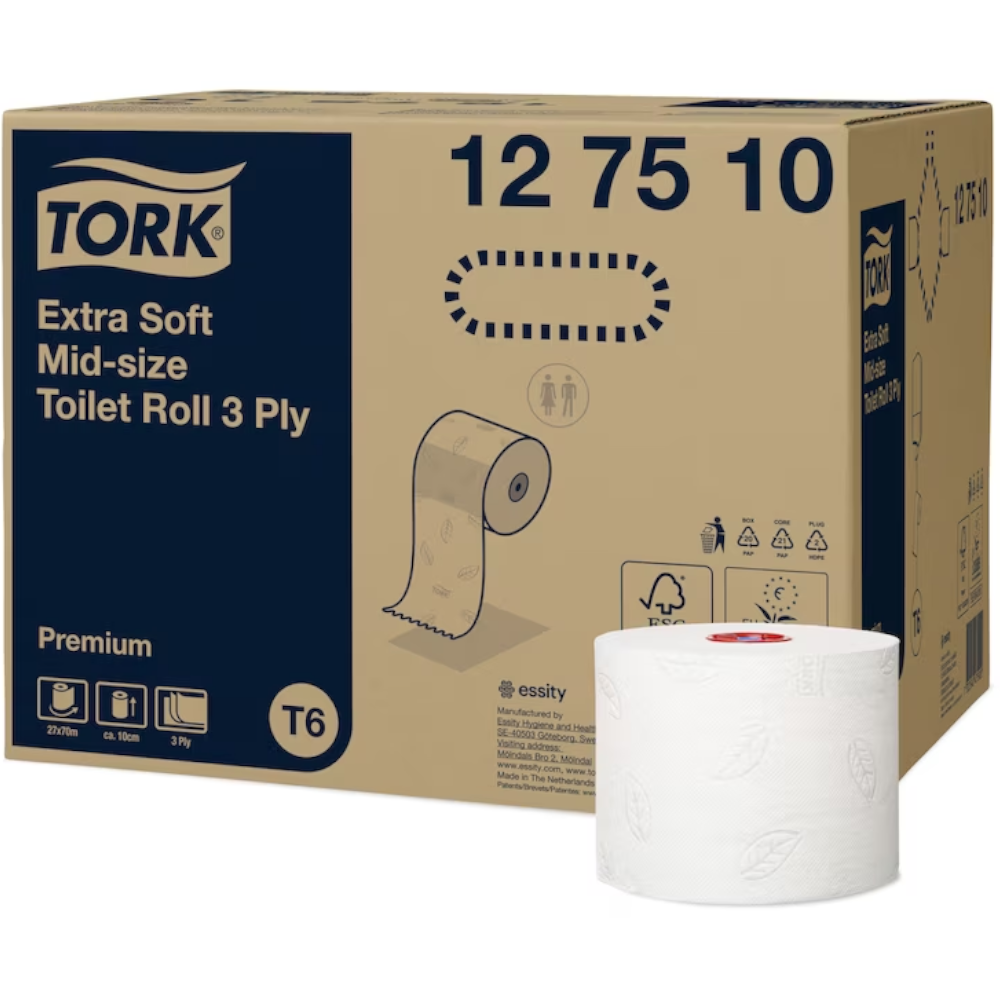 Tork 127510 White T6 System Premium Mid Size Toilet Paper Roll 3-ply 10cm x 70m (Carton 27 Rolls)