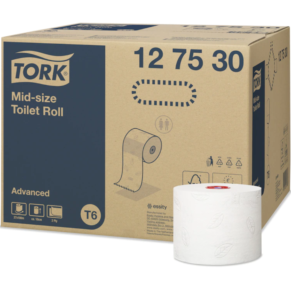 Tork 127530 White T6 System Advanced Mid Size Toilet Paper Roll 2-ply 10cm x 100m (Carton 27 Rolls)