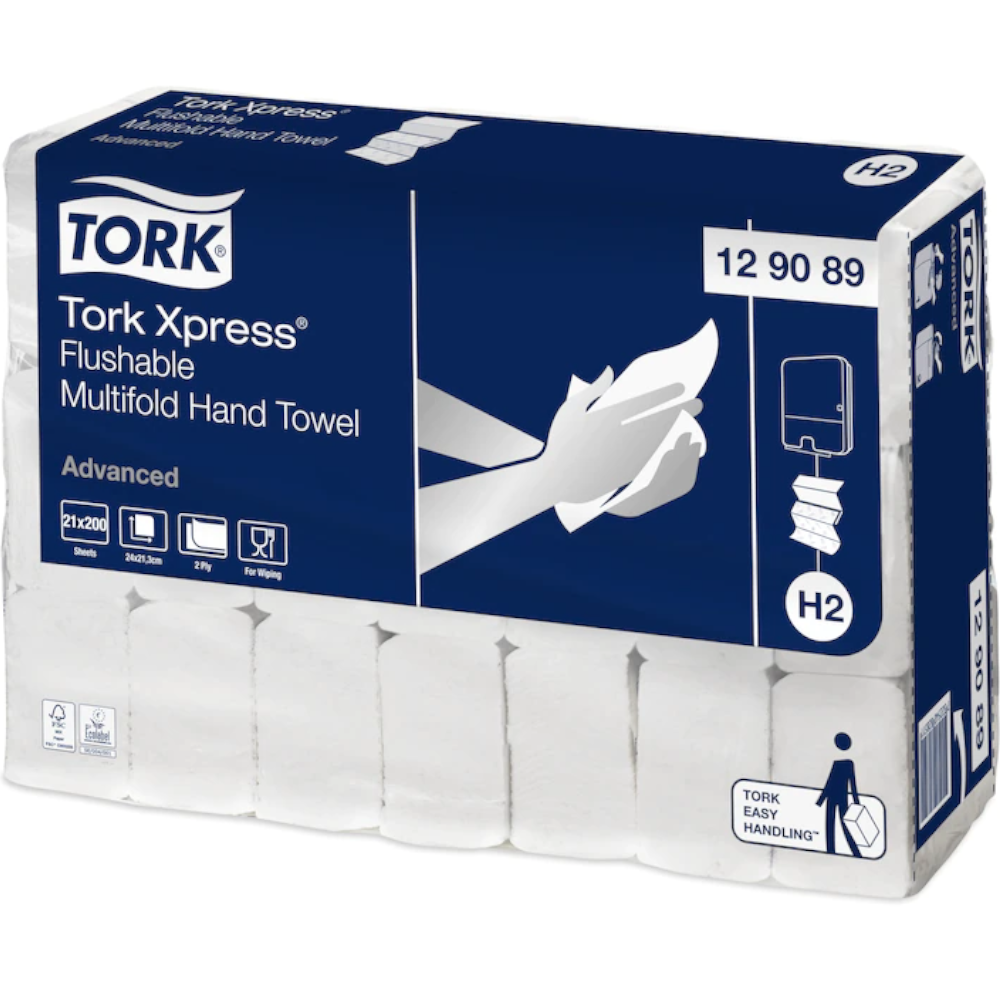 Tork 129089 White H2 System Xpress Flushable Multifold Hand Towel 2-ply (Pack 200 Sheets) (Outer 21 Packs)