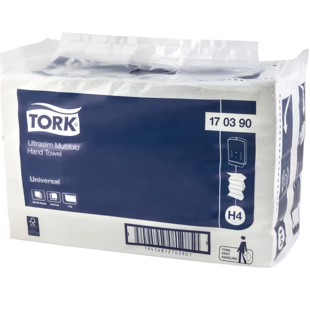 Tork 170390 White H4 System Universal Ultraslim Multifold Hand Towel 1-ply 24cm x 21cm (Pack 180 Sheets) (Carton 20 Packs)