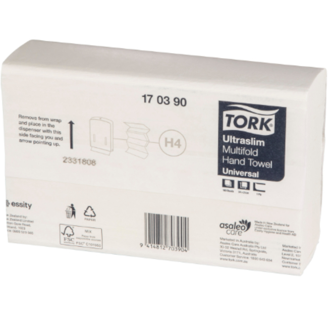 Tork 170390 White H4 System Universal Ultraslim Multifold Hand Towel 1-ply 24cm x 21cm (Pack 180 Sheets) (Carton 20 Packs)