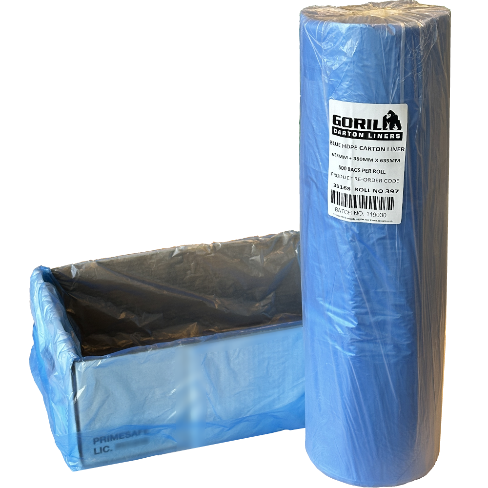 GORILLA Blue HDPE 'Standard' 15µm Carton Liners On Roll 635mm + 380mm x 635mm 75mm PVC Core (Roll 500 Bags)