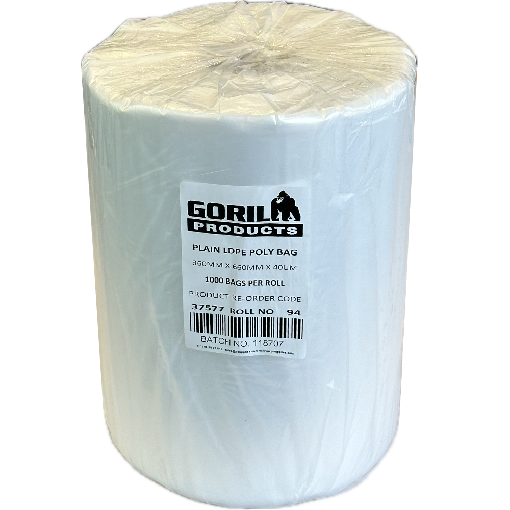 GORILLA Natural Virgin LL+LDPE Perforated on Roll Poly Bags 360mm x 660mm Ø75mm Core 40µm (Roll 1,000 Bags)