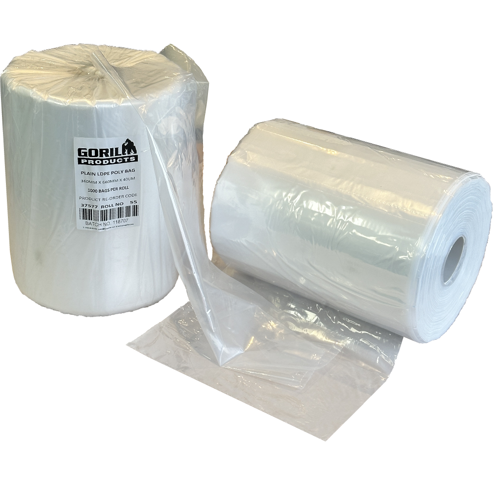 GORILLA Natural Virgin LL+LDPE Perforated on Roll Poly Bags 360mm x 660mm Ø75mm Core 40µm (Roll 1,000 Bags)