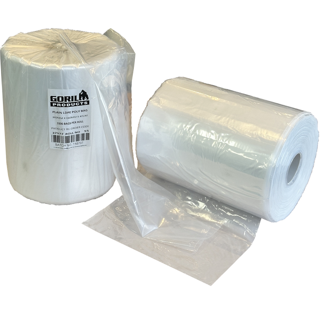 GORILLA Natural Virgin LL+LDPE Perforated on Roll Poly Bags 360mm x 660mm Ø75mm Core 40µm (Roll 1,000 Bags)