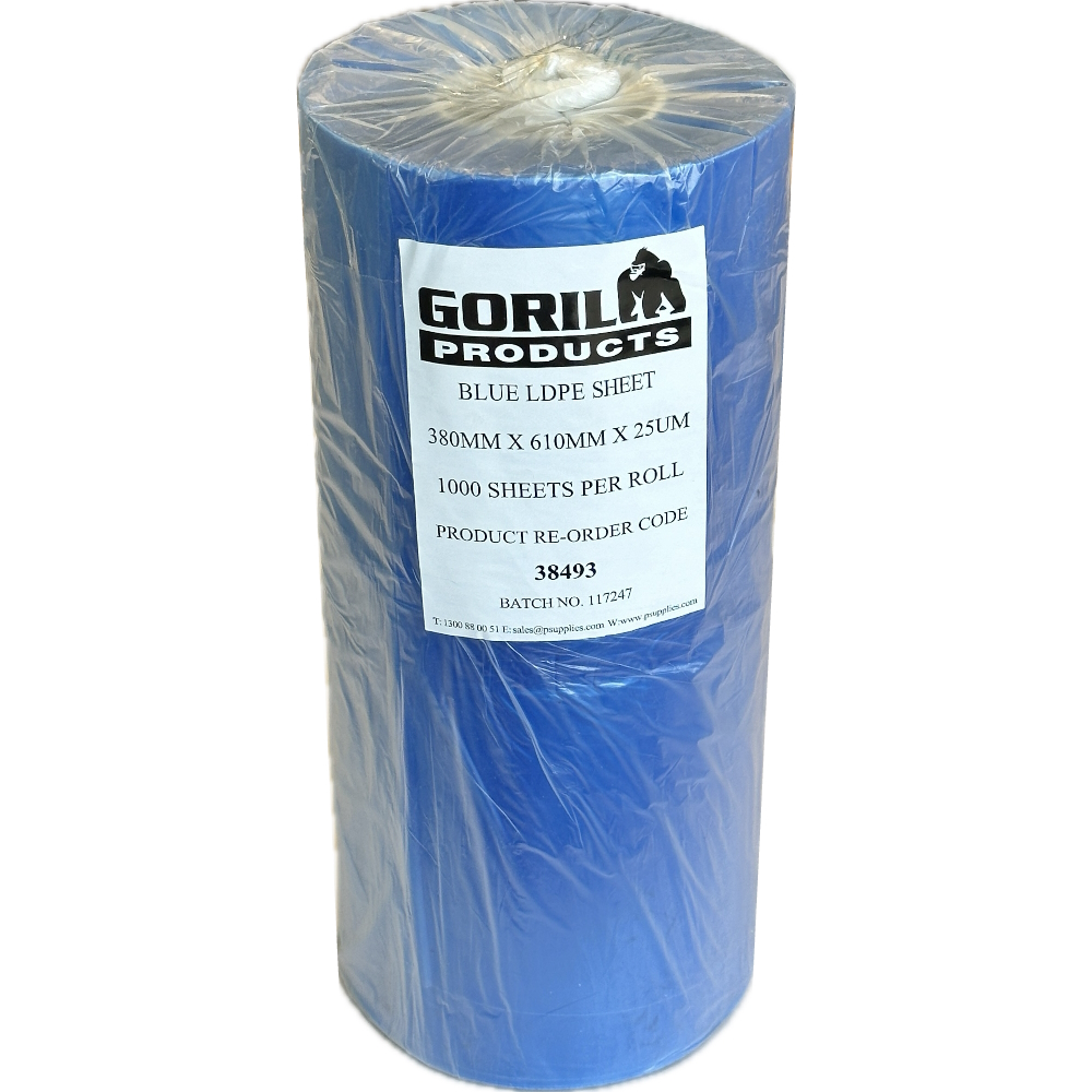 GORILLA Blue Virgin LDPE Perforated on Roll Sheets 380mm x 610mm 25µm 75mm PVC Core (Roll 1,000 Sheets)