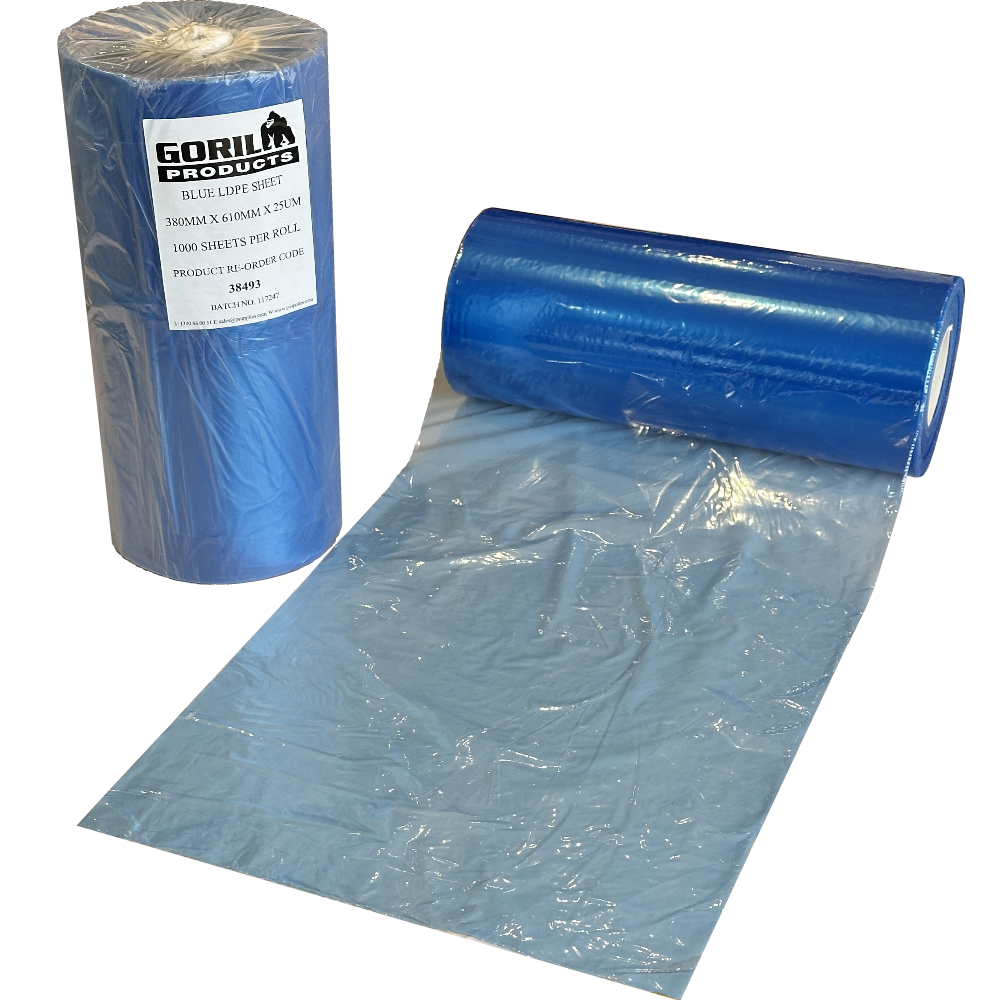 GORILLA Blue Virgin LDPE Perforated on Roll Sheets 380mm x 610mm 25µm 75mm PVC Core (Roll 1,000 Sheets)