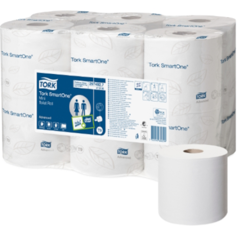 Tork 000193 (472193) White T9 System SmartOne Mini Toilet Paper Roll 2-ply 18cm x 13.4cm (Roll 620 Sheets) (Carton 12 Rolls)
