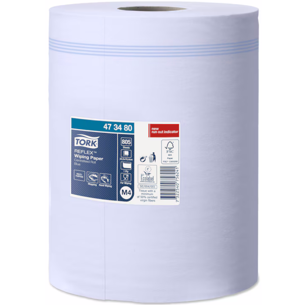 Tork 473480 Blue M4 System Advanced Reflex Wiping Paper Centre-feed Roll 1-ply 19.4cm x 270m (Roll 805 Sheets) (Carton 6 Rolls)