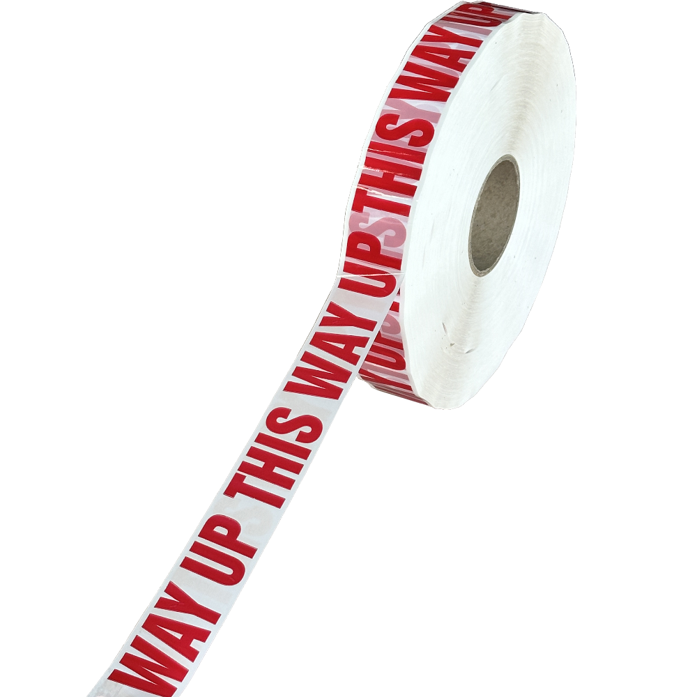 Red on White "THIS WAY UP" Printed PP Machine Tape 45mm x 1,000m (Carton 6 Rolls)