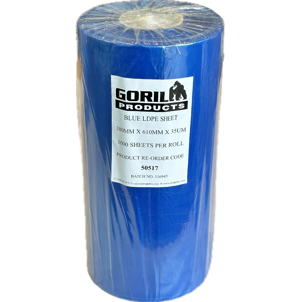 GORILLA Blue Virgin LDPE Perforated on Roll Sheets 380mm x 610mm 35µm 75mm PVC Core (Roll 1,000 Sheets)
