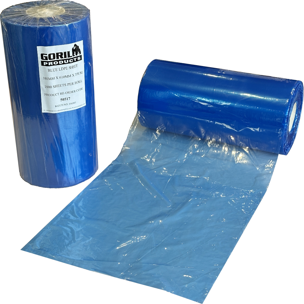 GORILLA Blue Virgin LDPE Perforated on Roll Sheets 380mm x 610mm 35µm 75mm PVC Core (Roll 1,000 Sheets)