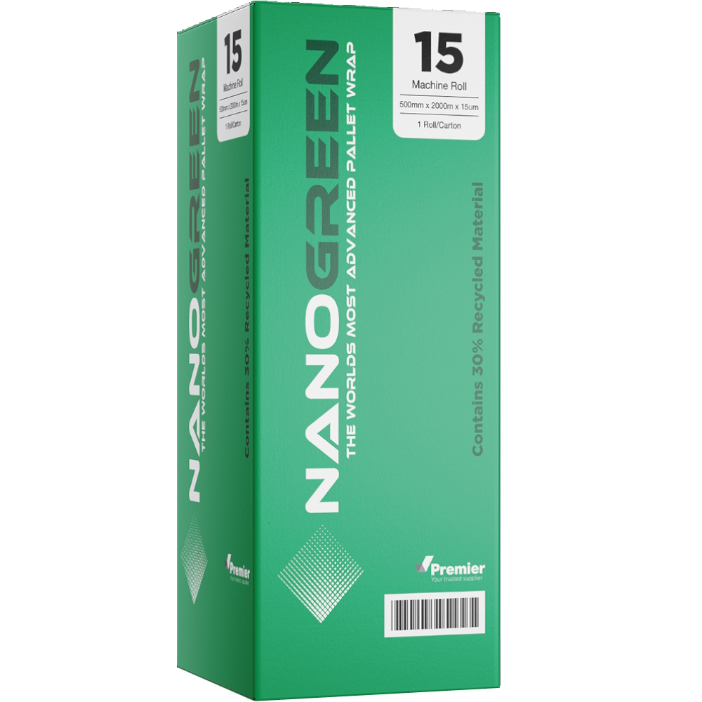 NANOGREEN 15 Transparent Machine Pallet Wrap with 30% Post-Industrial Recycle Content 500mm x 2,000m 15µm (Carton 1 Roll)