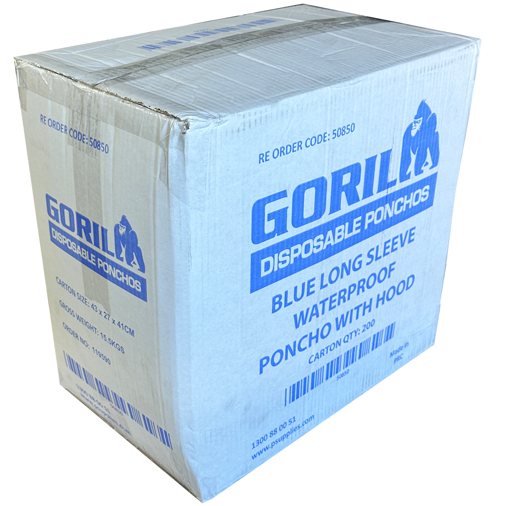 GORILLA Disposable Waterproof Blue Ponchos 80cm x 130cm 30µm (Carton 200 Ponchos)