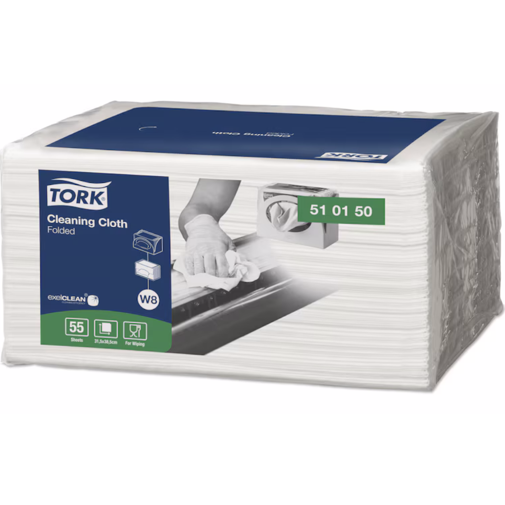 Tork 510150 White W8 System Folded Cleaning Cloth 55 Sheet 1-ply 38.5cm x 31.5cm (Pack 55 Sheets) (Carton 8 Packs)