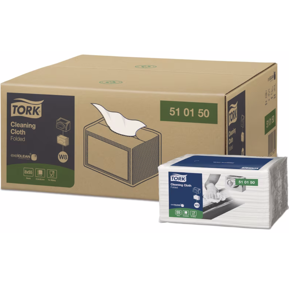 Tork 510150 White W8 System Folded Cleaning Cloth 55 Sheet 1-ply 38.5cm x 31.5cm (Pack 55 Sheets) (Carton 8 Packs)