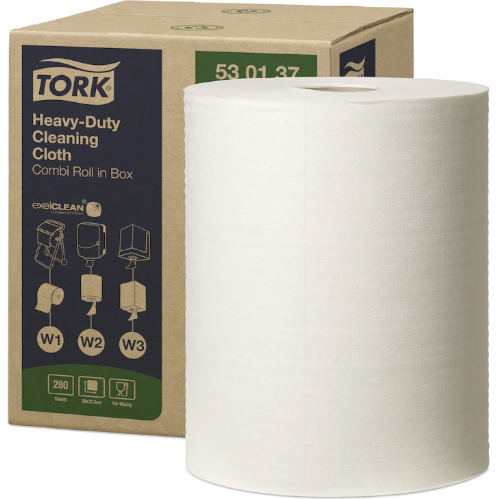 Tork 530137 White W1/W2/W3 System Premium Combi Roll Heavy Duty Cleaning Cloth 280 Sheets 1-ply (Carton 1 Roll)