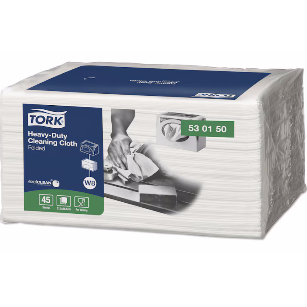 Tork 530150 White W8 System Premium Folded Heavy Duty Cleaning Cloth 45 Sheets 1-ply 32cm x 38.5cm (Carton 8 Packs)