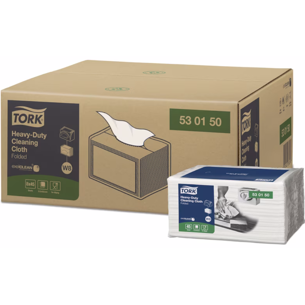 Tork 530150 White W8 System Premium Folded Heavy Duty Cleaning Cloth 45 Sheets 1-ply 32cm x 38.5cm (Carton 8 Packs)
