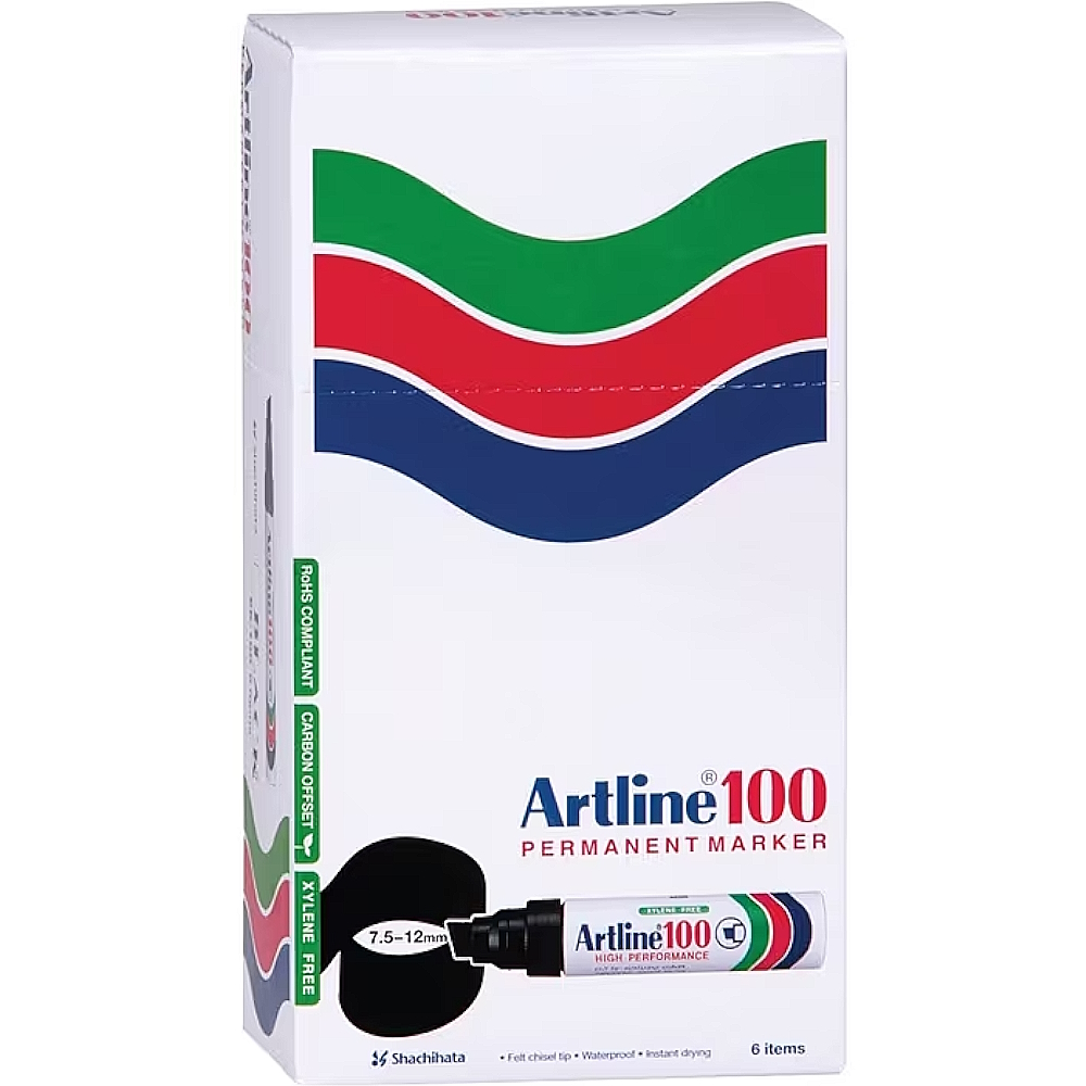 Artline 100 Permanent Markers (Pack 6 Markers)