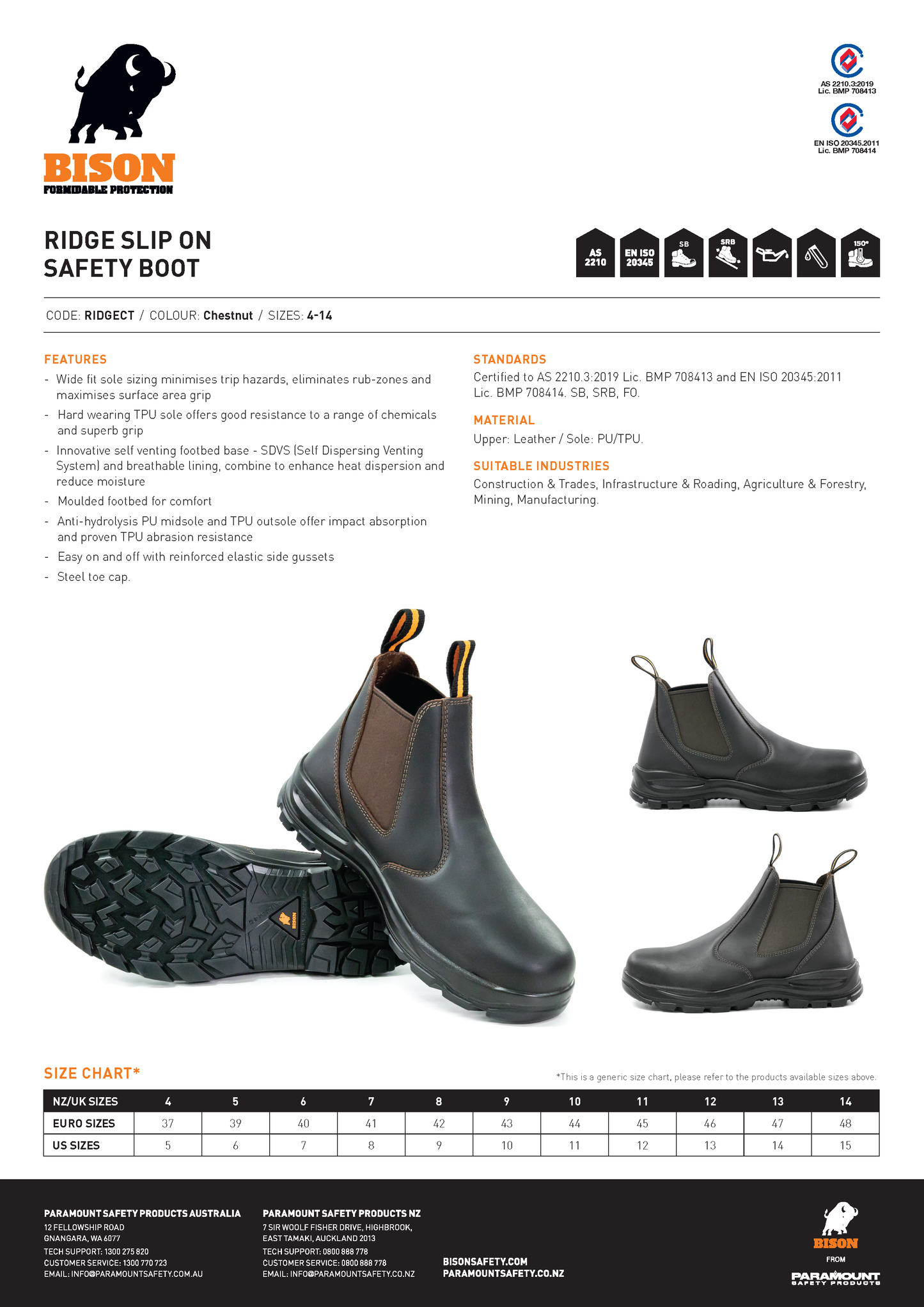 Bison Ridge Slip-on E/S Steel Toe Safety Workboot Chestnut Sizes 4 - 14