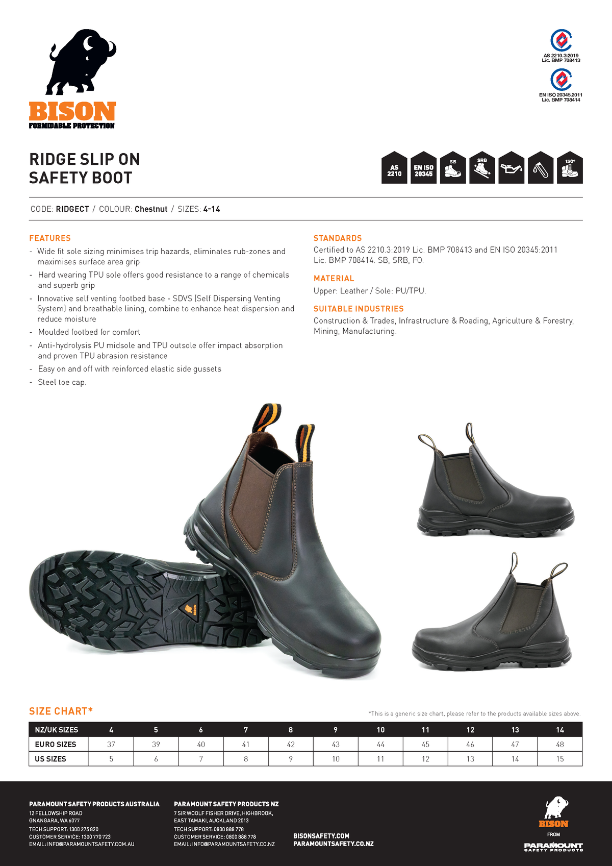 *CLEARANCE* Bison Ridge Slip-on E/S Steel Toe Safety Workboot Chestnut Sizes 4 - 14