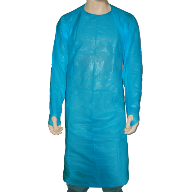 Bastion Blue CPE Splash Gowns Waterproof Uni-size Individually Packed (Carton 100 Gowns)