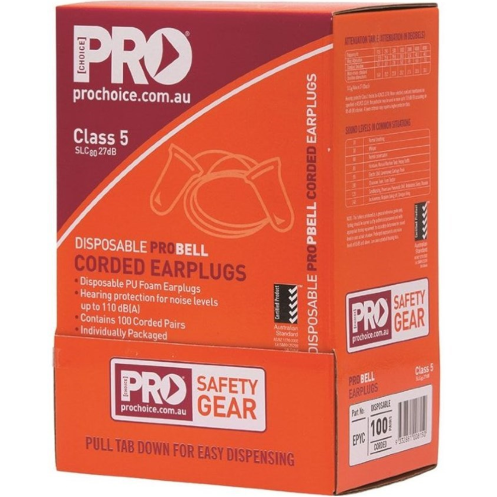 Pro Choice ProBell Class 5 27dB Disposable Corded Earplugs (Pack 100 Pairs)