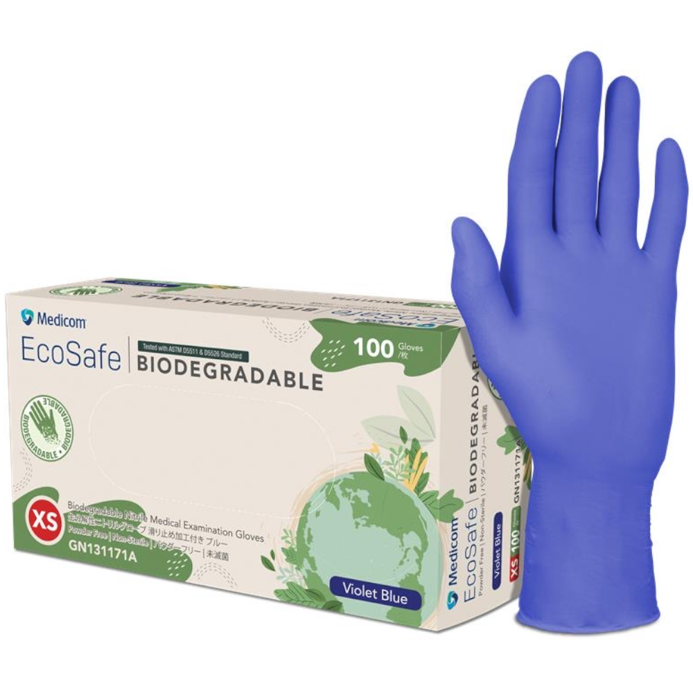 Medicom Blue Disposable EcoSafe Biodegradable Nitrile Medical Examination Gloves (Pack 100 Gloves) (Carton 10 Packs)