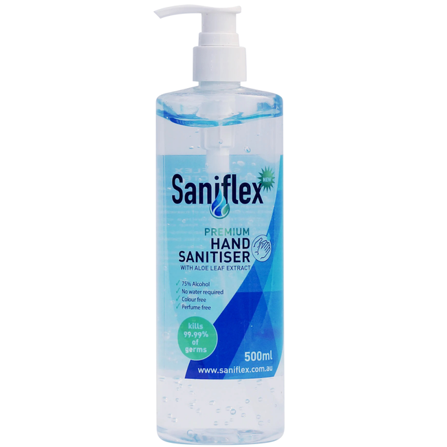 Saniflex 500ml 75% Alcohol Gel Rinse Free Hand Sanitiser Pump Pack (Carton 20 Bottles)