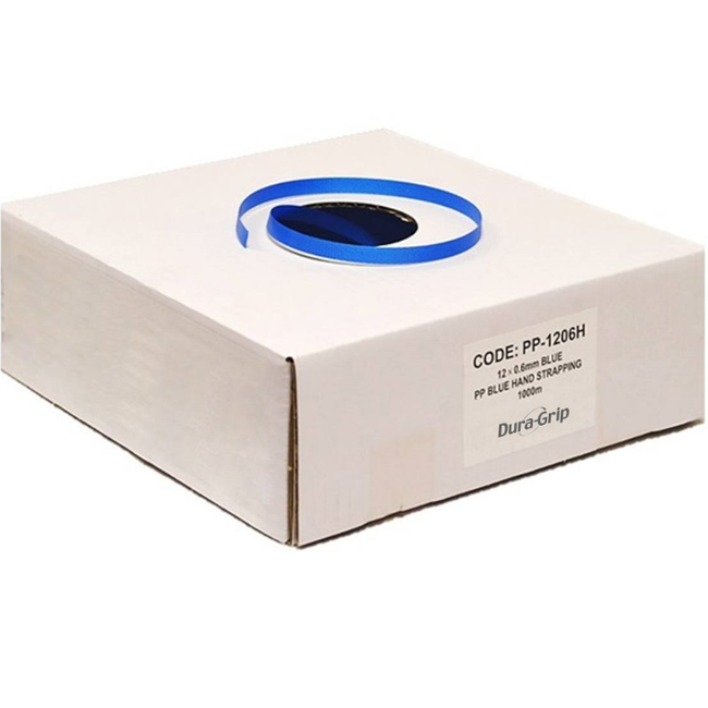 Blue PP Hand Strapping in Dispenser Box 12mm x 1,000m x 0.6mm (80kg Breaking Strain)