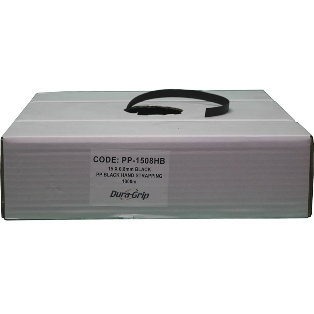 Black PP Heavy Band Hand Strapping in Dispenser Box 15mm x 1,000m x 0.8mm (270kg Breaking Strain)