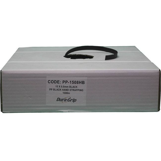 Black PP Heavy Band Hand Strapping in Dispenser Box 15mm x 1,000m x 0.8mm (270kg Breaking Strain)