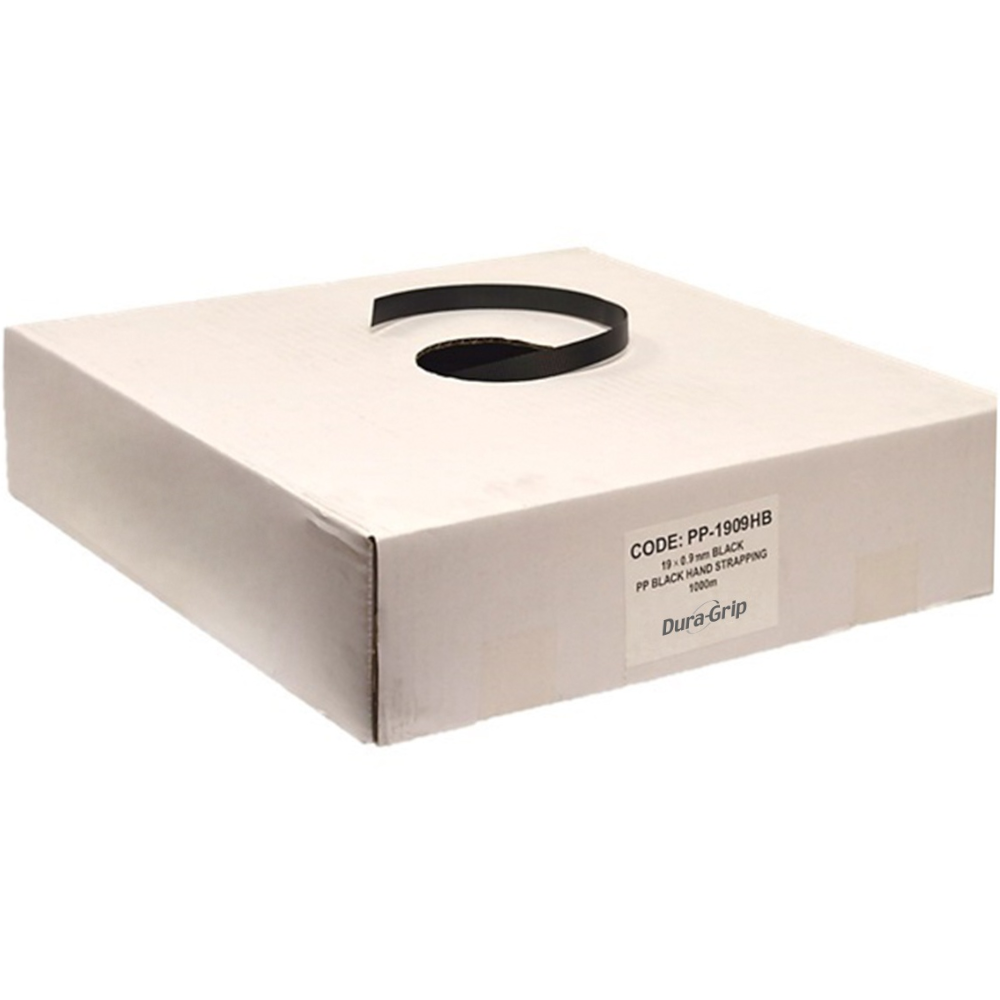 Black PP Heavy Band Hand Strapping in Dispenser Box 19mm x 1,000m x 0.9mm (400kg Breaking Strain)