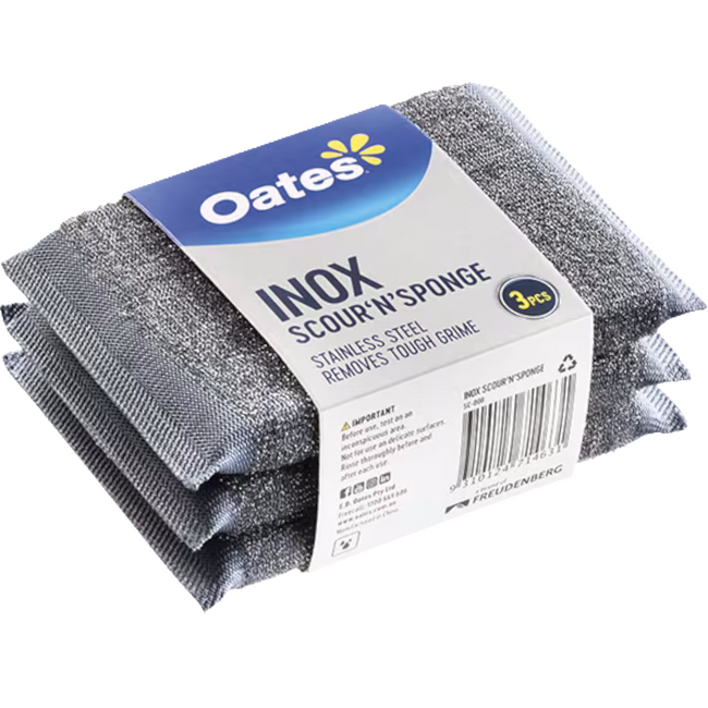 Oates INOX Heavy Duty Scour 'N' Sponge 13.5cm x 9.5cm (Pack 3 Scours) (Carton 12 Packs)
