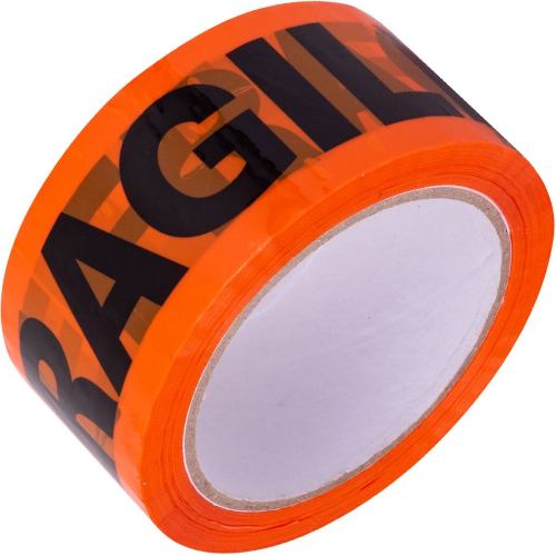 Stylus SP101 Black on Orange "FRAGILE" Printed Hand Packing Tape 48mm x 66m (Carton 36 Rolls)