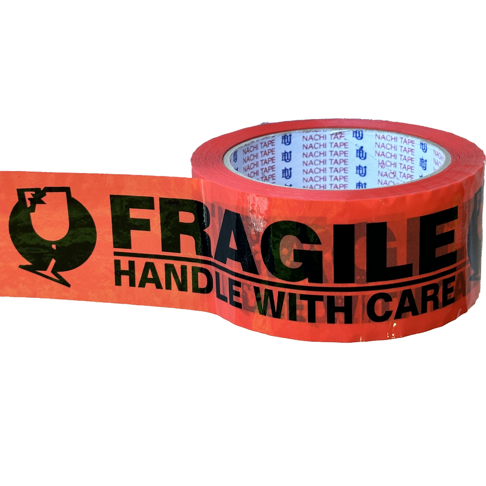 Stylus SP100 Black on Orange "FRAGILE/HANDLE WITH CARE" Economy Hand Packing Tape 48mm x 66m (Sleeve 6 Rolls) (Carton 36 Rolls)