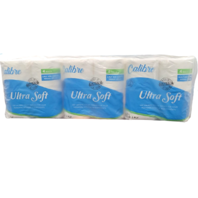 Calibre T4-400 Ultra Soft Conventional Toilet Paper Rolls 2-ply 400-sheets (Pack 4 Rolls) (Carton 12 Packs)